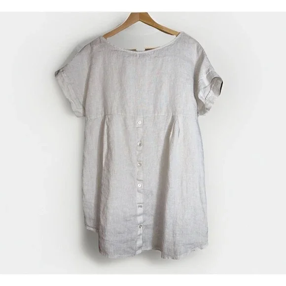 Terzo Millennio Sand 100% Linen Short Sleeve Hi-Low Hem Tunic Top Size Small - Picture 3 of 5